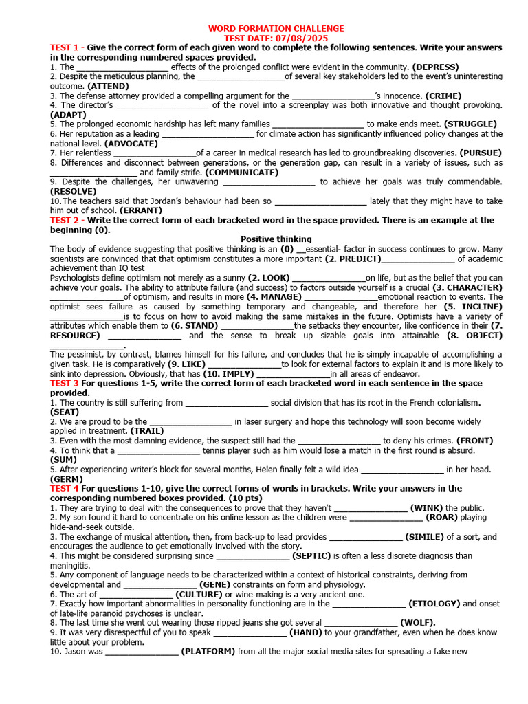 Word Formation Test Preparation Guide | PDF | Optimism | Psychology