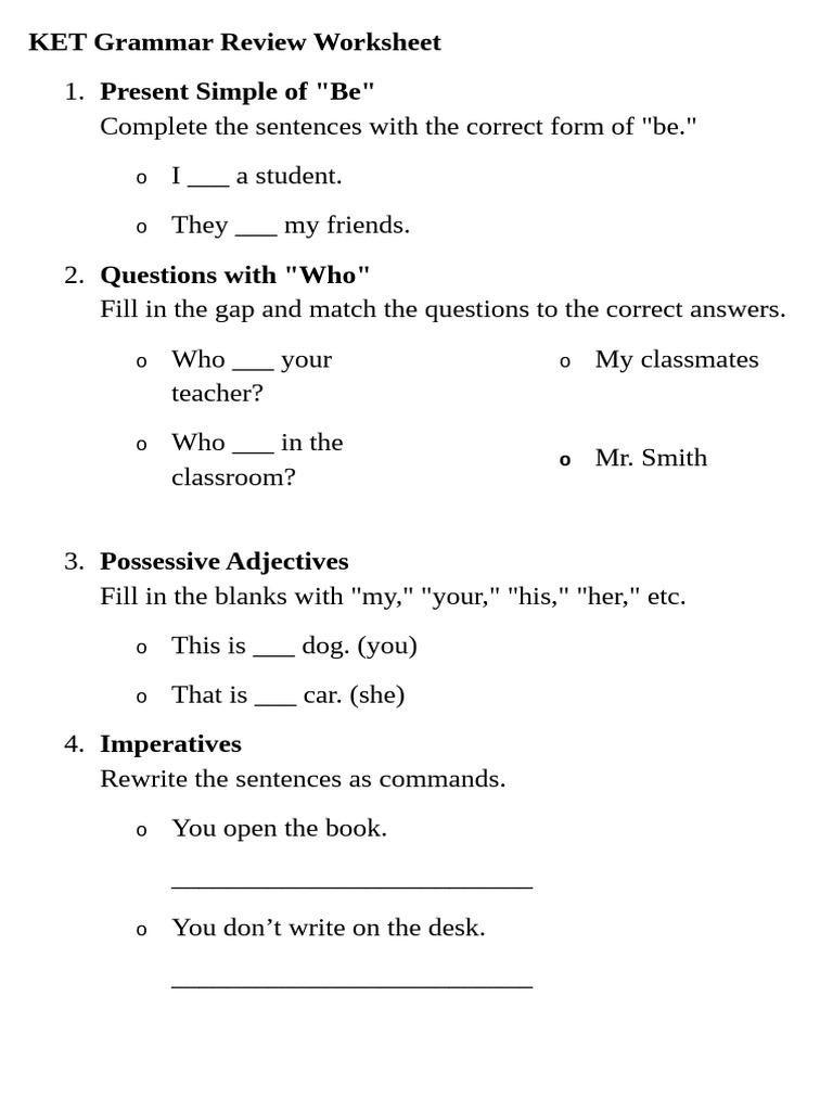 KET Grammar Review Worksheet | PDF