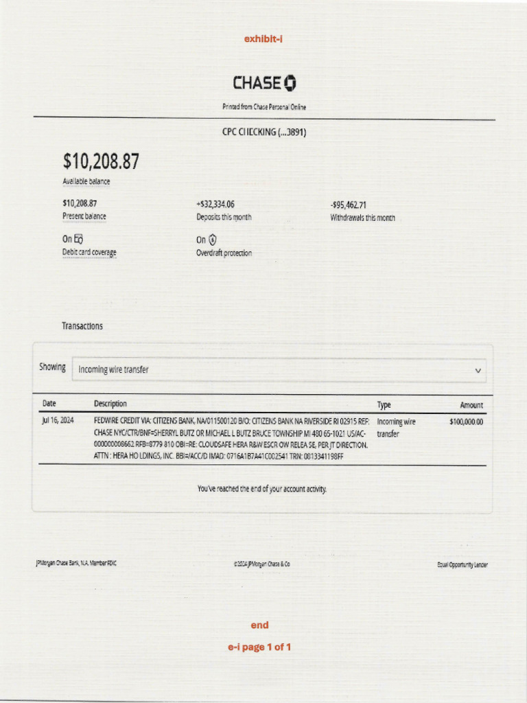Exhibit-I - Account 3891 Inbound Bank Wire Transactions As of 20240904 ...