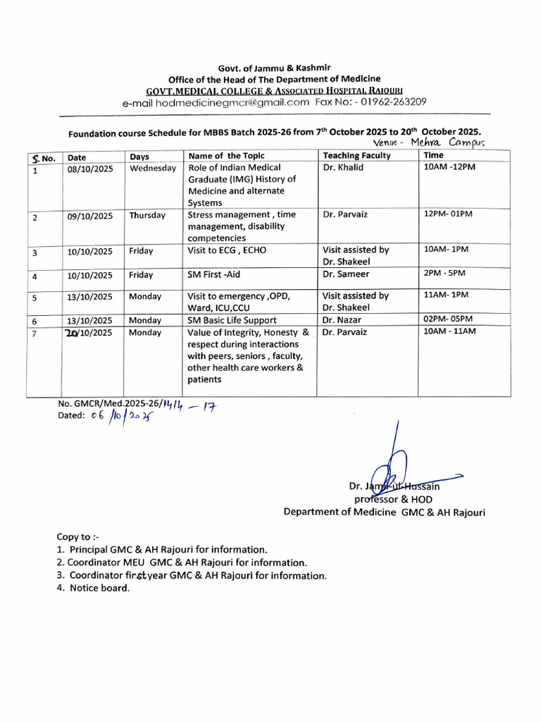MBBS Foundation Course Schedule 2025 | PDF | Higher Education | Medical ...