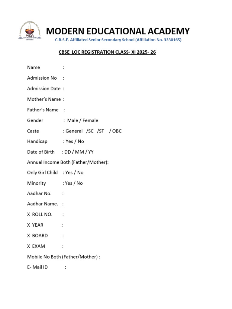 Class XI LOC Registration 2025-26 | PDF
