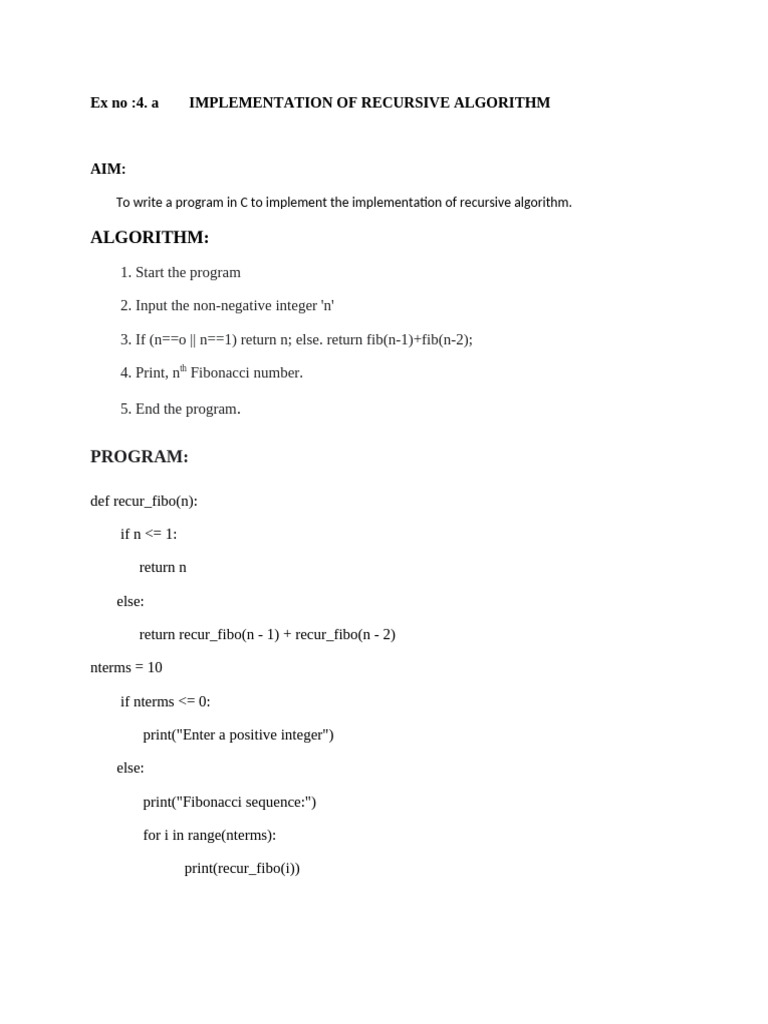 Algorithm:: Ex No:4. A Implementation of Recursive Algorithm | PDF