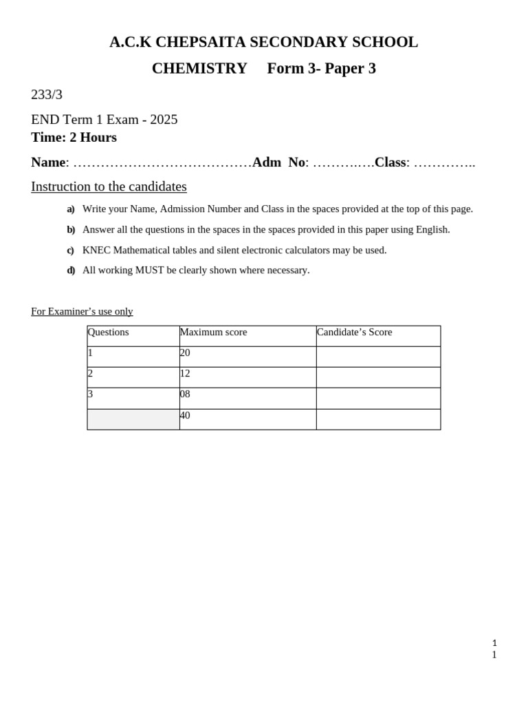 Form 3 Chemistry Exam Paper 2025 | PDF | Acid | Potassium