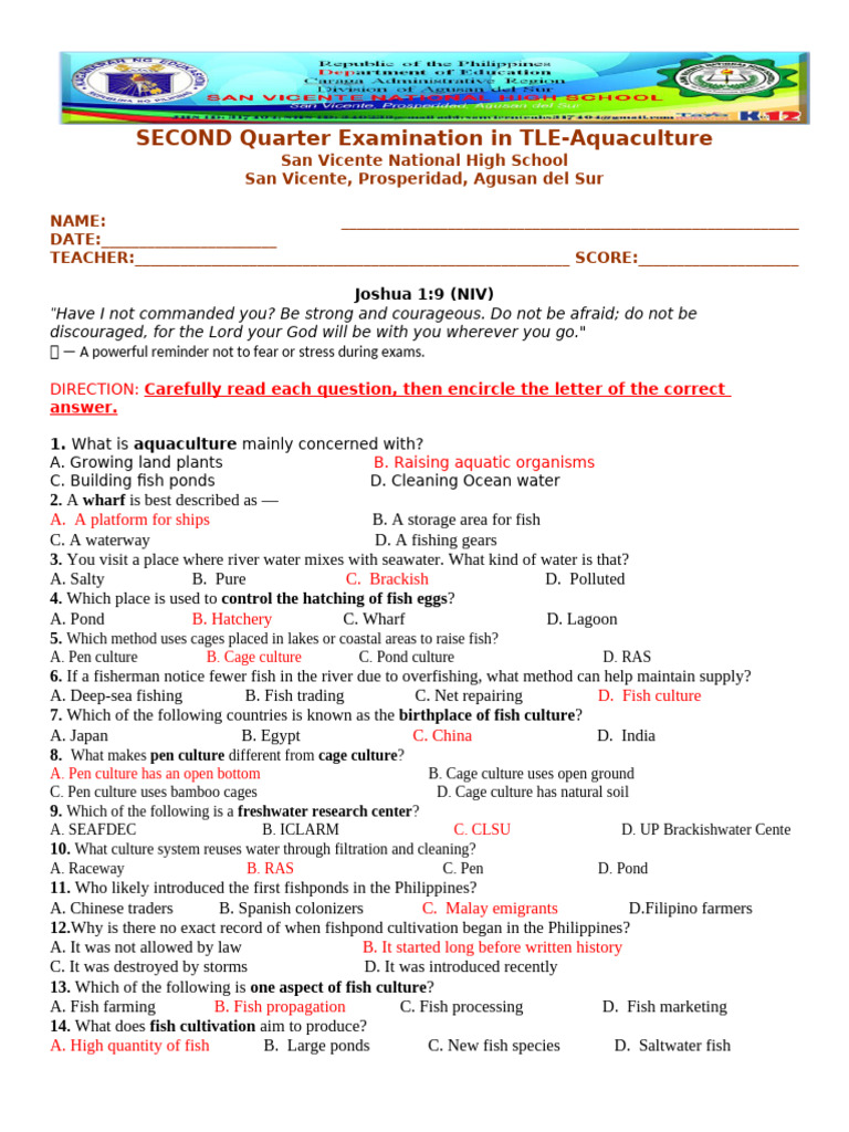 SECOND Quarter Examination in TLE 8 AQUACULTURE | PDF | Hazards | Fish