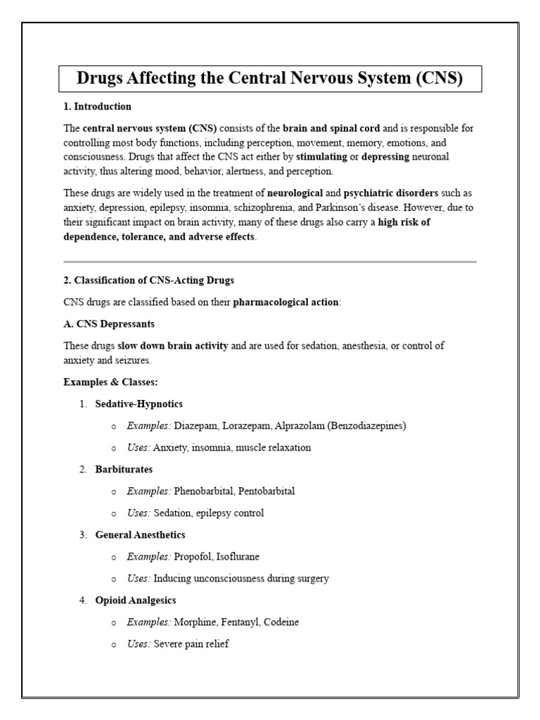 CNS Drugs: Types and Effects | PDF | Neurotransmitter | Stimulant