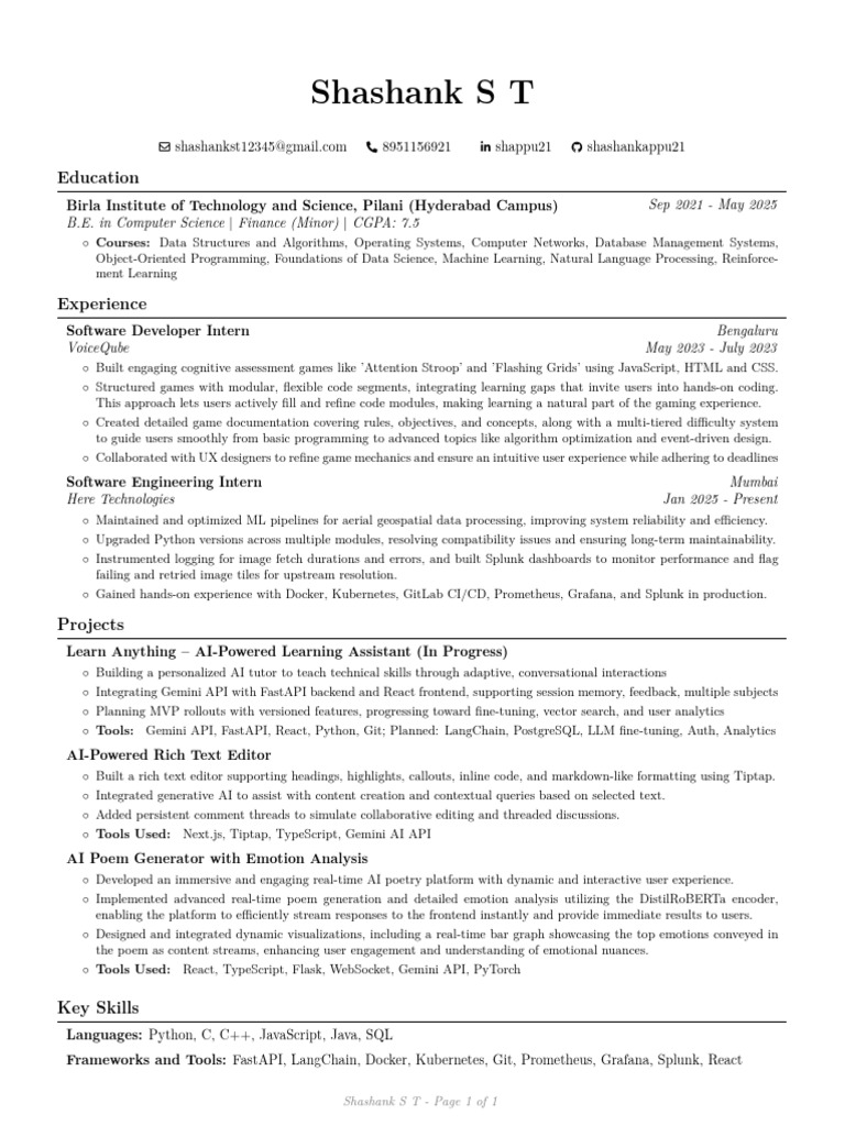 Shashank S T: Software Developer Resume | PDF | Computer Programming ...