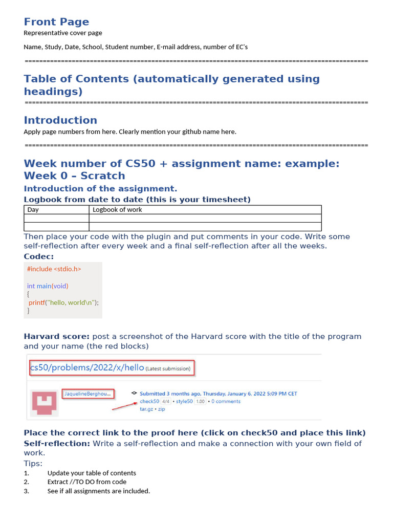 CS50 Assignment Logbook and Reflections | PDF