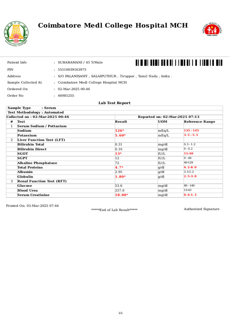 Coimbatore Medl College Hospital MCH: Lab Test Report | PDF