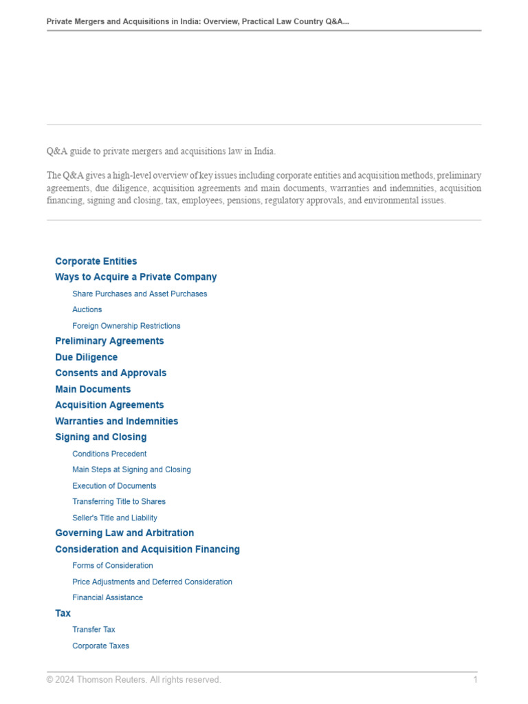 Private M&A Law Overview in India | PDF | Mergers And Acquisitions | Taxes