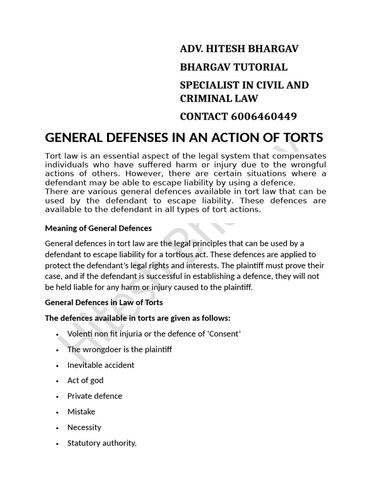 General Defenses in Tort Law Explained | PDF | Tort | Damages