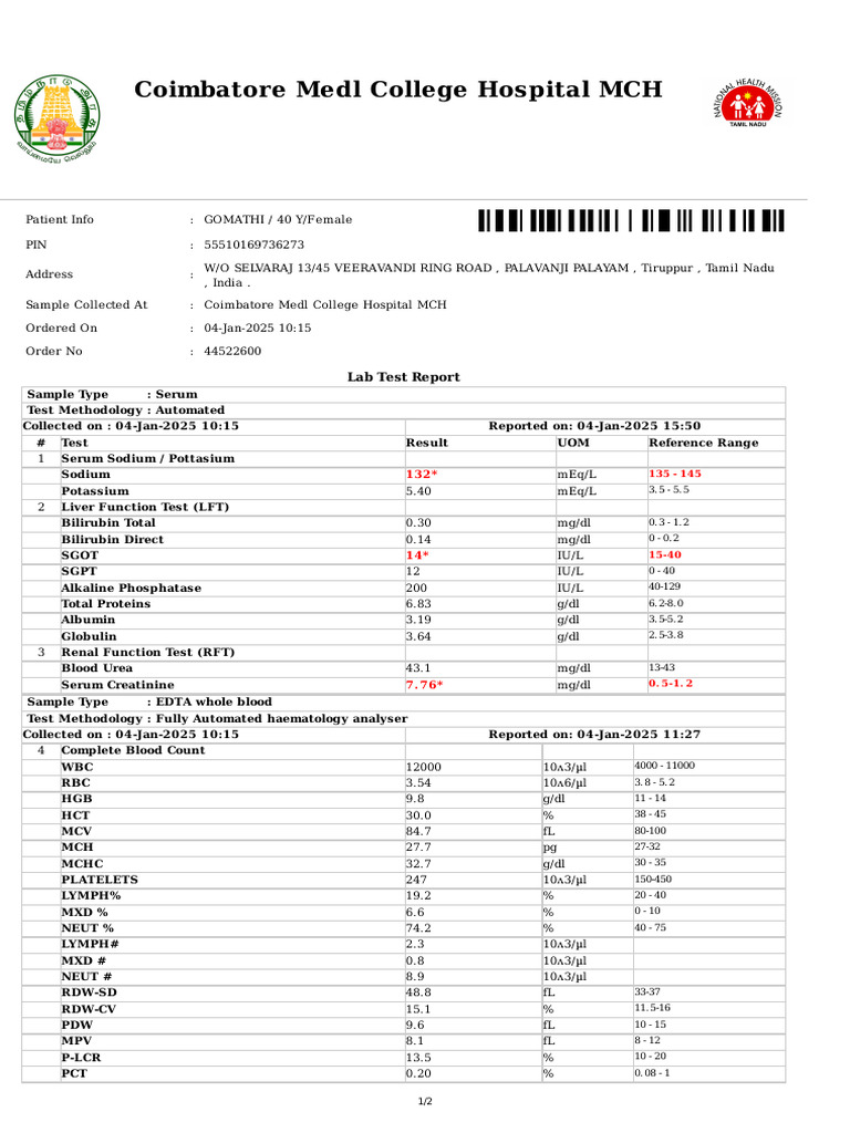 Coimbatore Medl College Hospital MCH: Lab Test Report | PDF | Blood ...