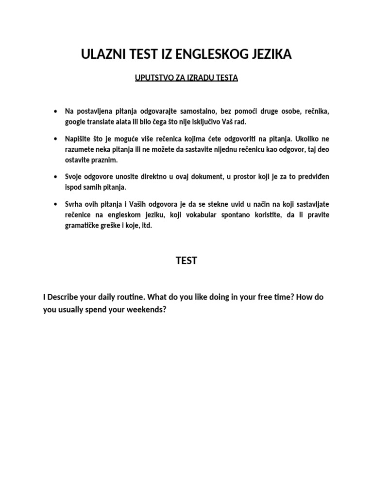 Ulazni Test Iz Engleskog Jezika | PDF