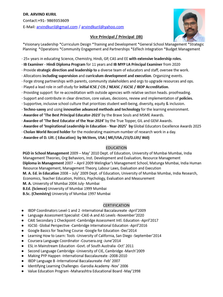 Resume Arvind Kuril-Profile 2025 Principal / HOS | PDF | Teachers ...
