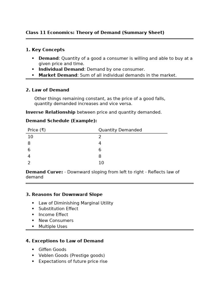 Class 11 Economics: Demand Theory Summary | PDF | Demand | Elasticity ...