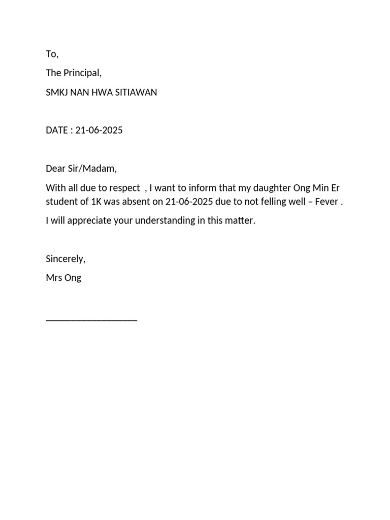 Absence Notification for Ong Min Er | PDF