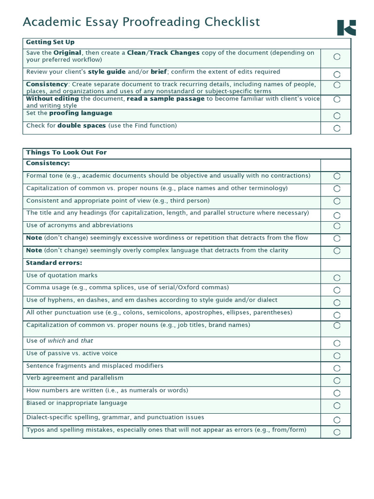 Academic Essay Proofreading Checklist | PDF | Comma | Proofreading