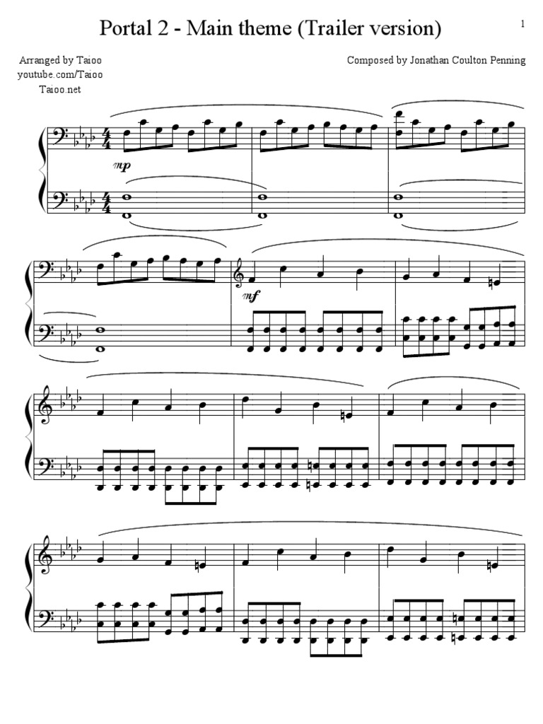Portal 2 Theme Piano Sheet Music PDF Loisirs Des sports