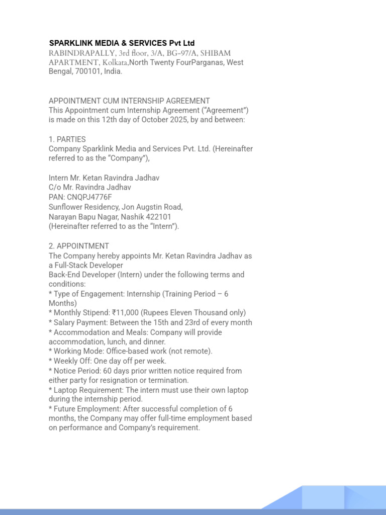 Internship Agreement for Full-Stack Developer | PDF | Databases | Computing
