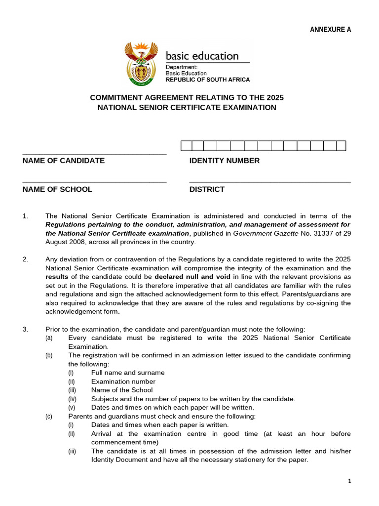 2025 National Senior Certificate Exam Agreement | PDF | Justice | Crime ...
