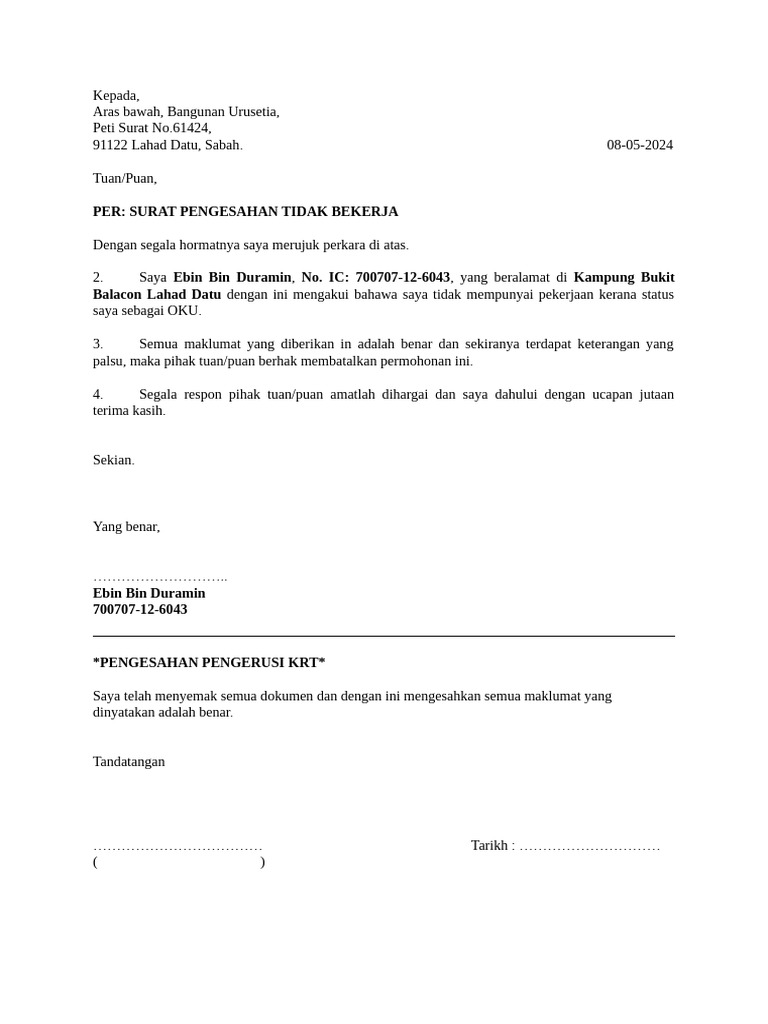 Surat Pengesahan Tidak Bekerja OKU | PDF