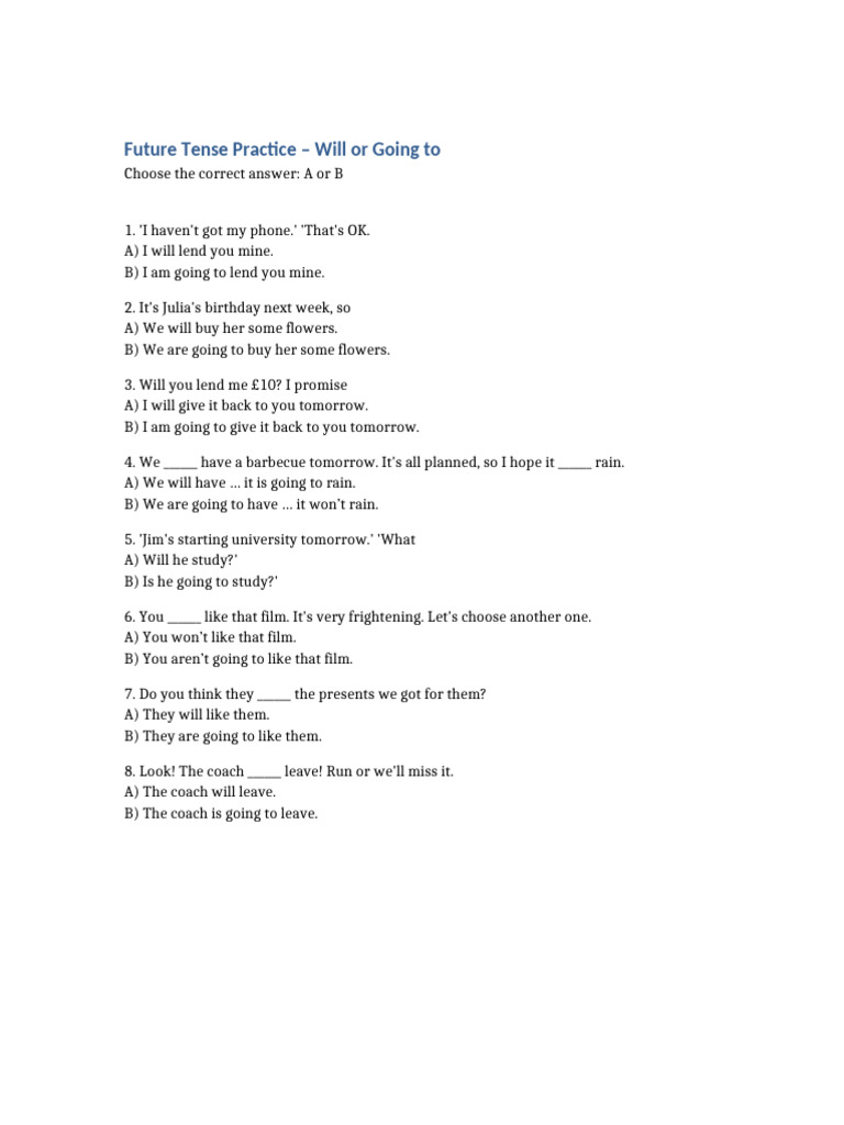 Future Tense: Will vs. Going To Exercises | PDF