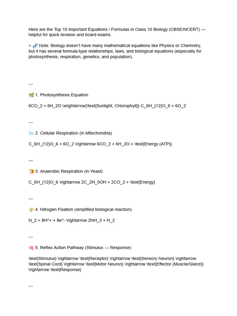 Class 10 Biology Key Formulas | PDF