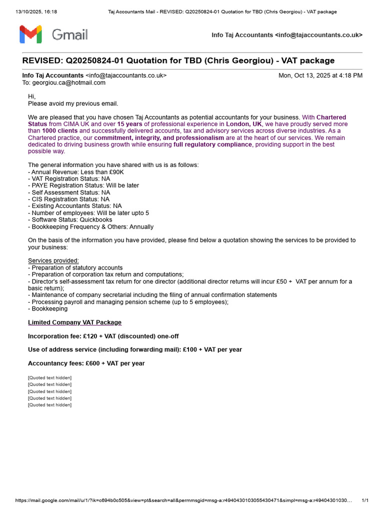 VAT Package Quotation for Chris Georgiou | PDF | Value Added Tax | Taxes