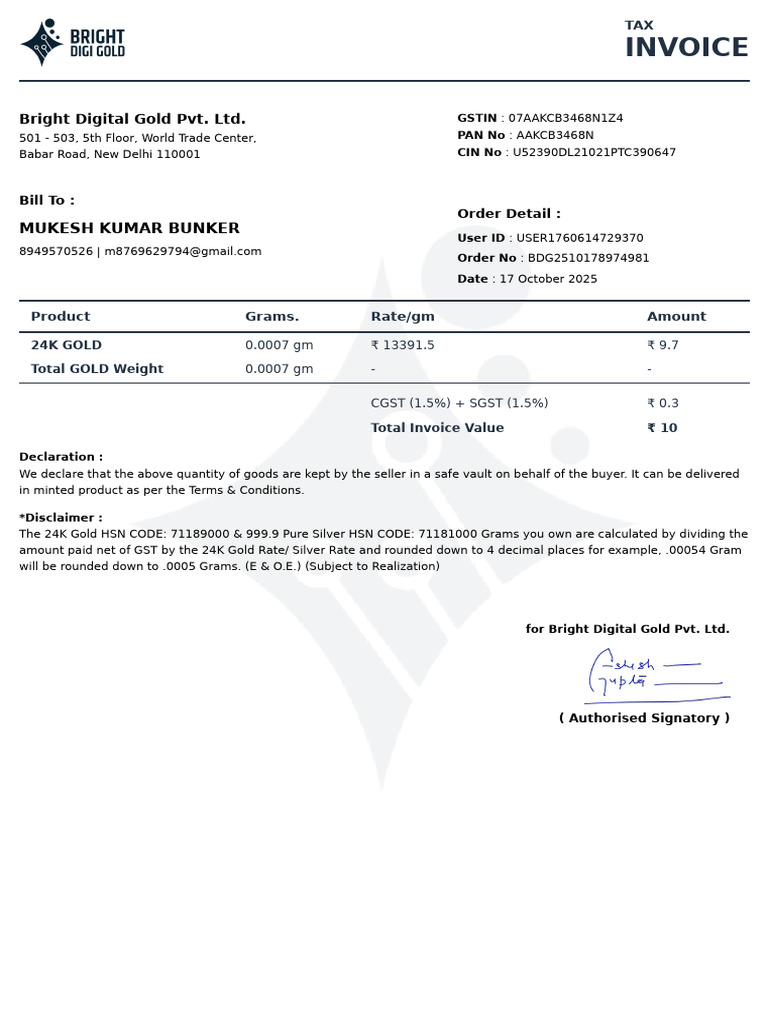 Tax Invoice for 24K Gold Purchase | PDF