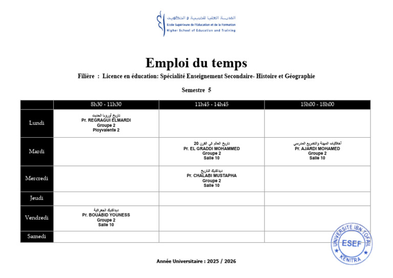 Emploi du temps Licence Histoire-Géo 2025 | PDF