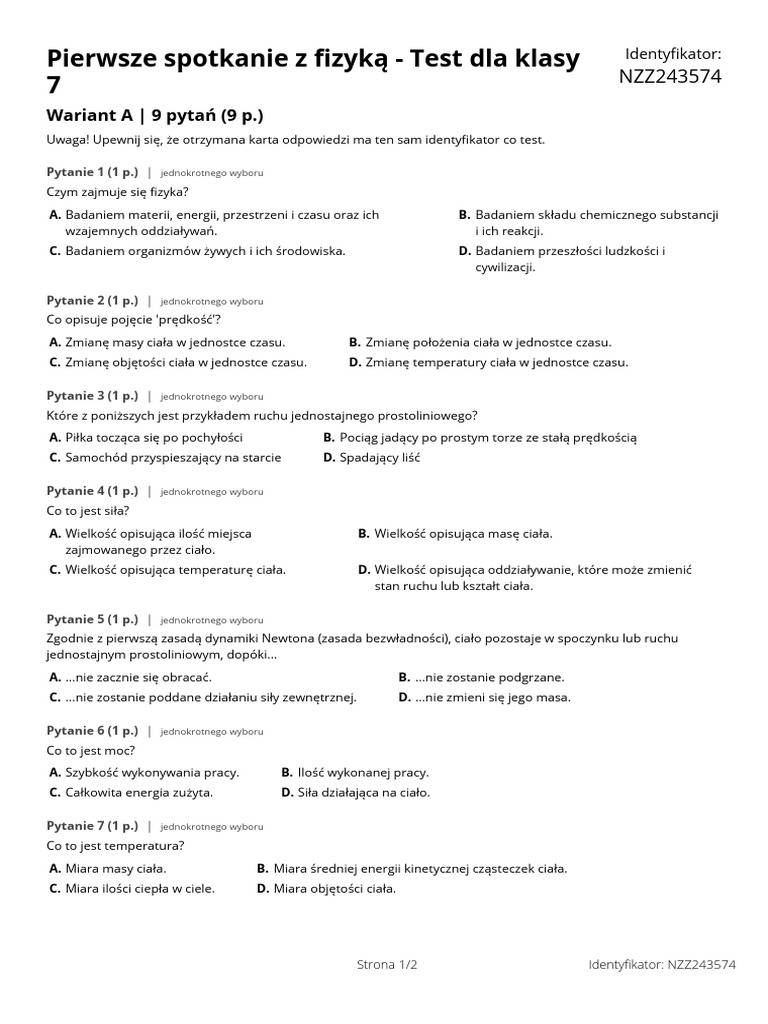 Pierwsze Spotkanie Z Fizyką - Test Dla Klasy 7 (Wariant A) | PDF