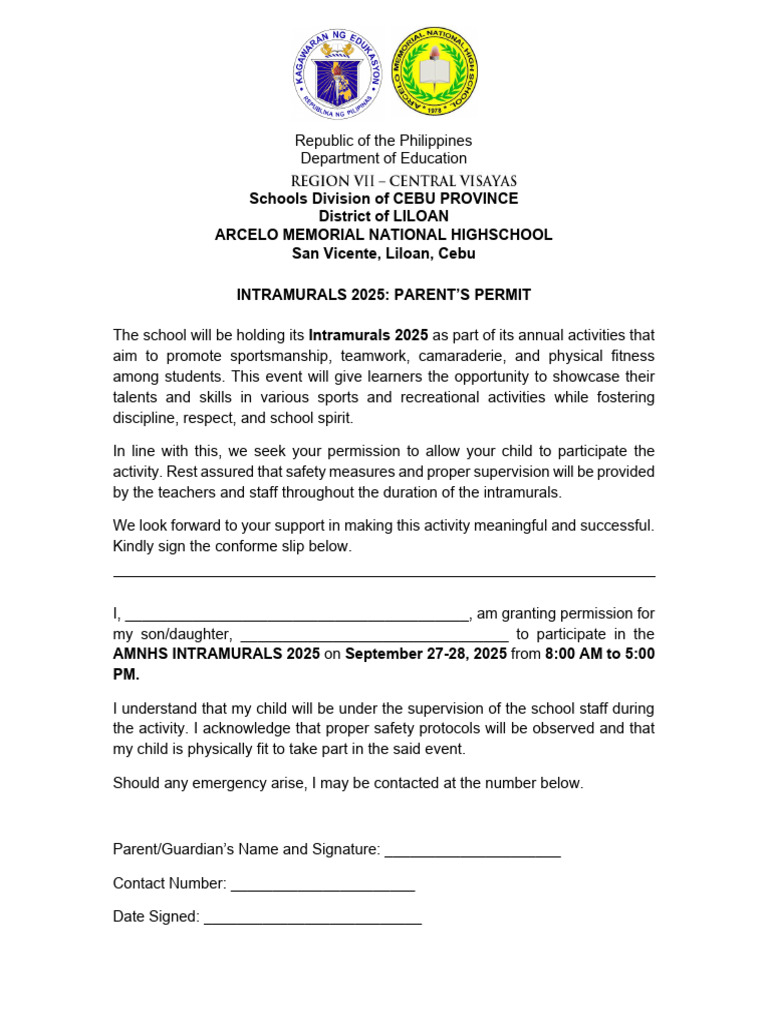 Parent's Permit for AMNHS Intramurals 2025 | PDF