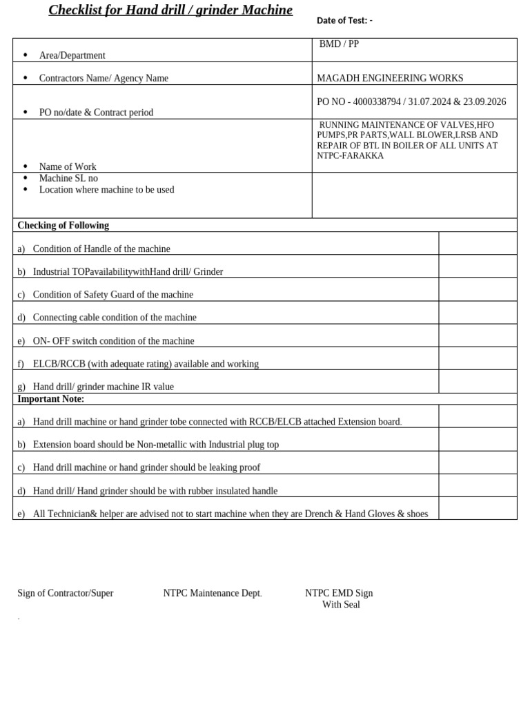 4.hand Drill & Grinder Check List | PDF
