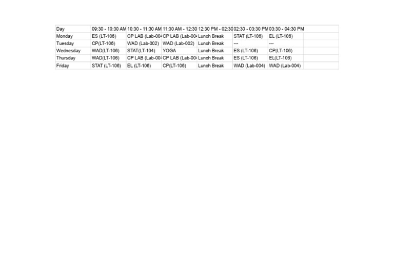 Weekly Class Schedule Overview | PDF