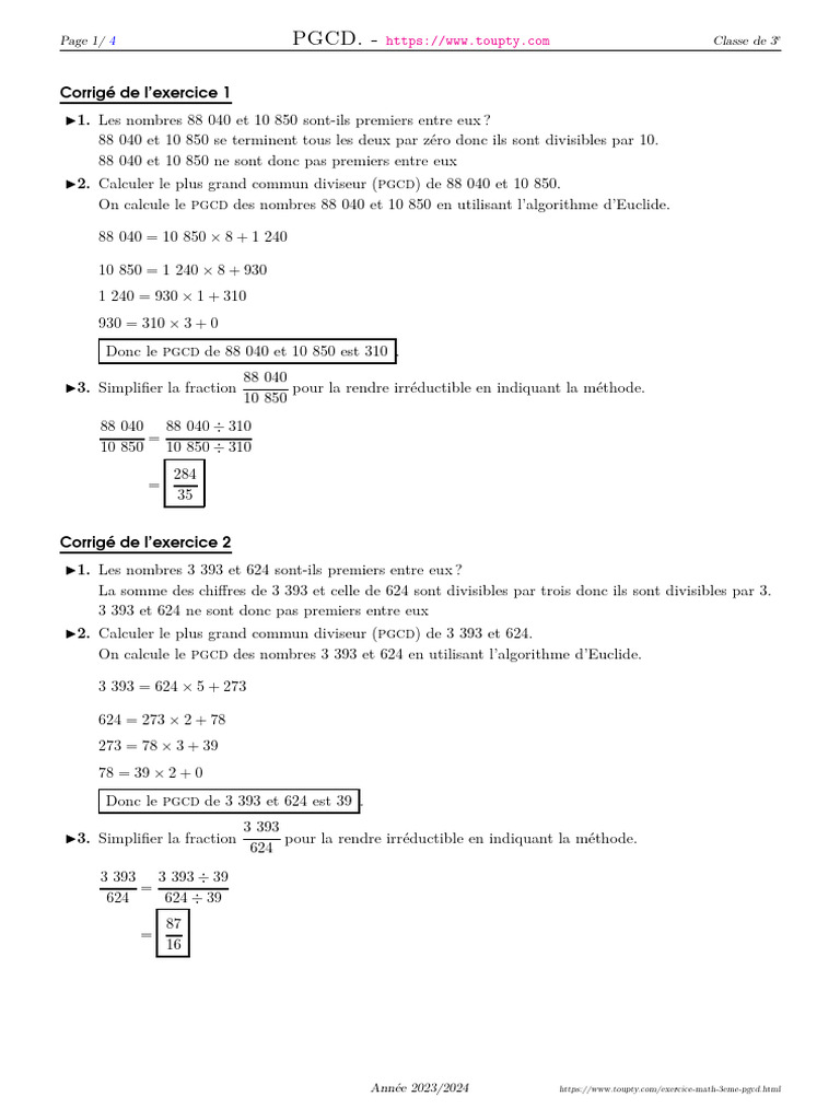 Exercices corrigés sur le PGCD 3ème | PDF | Multiplication ...
