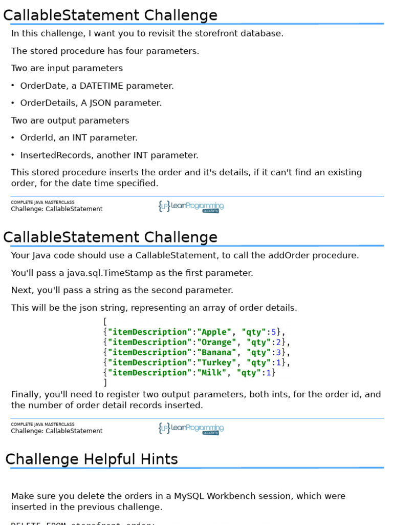 Slides Working With Databases Challenge CallableStatement | PDF