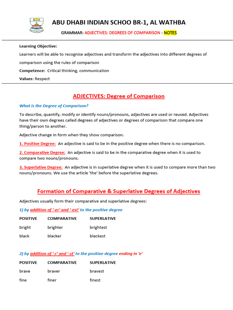 Adjectives: Degrees of Comparison Guide | PDF | Adjective | Language ...