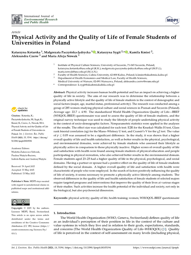 Physical Activity and The Quality of Life of Female Students of ...