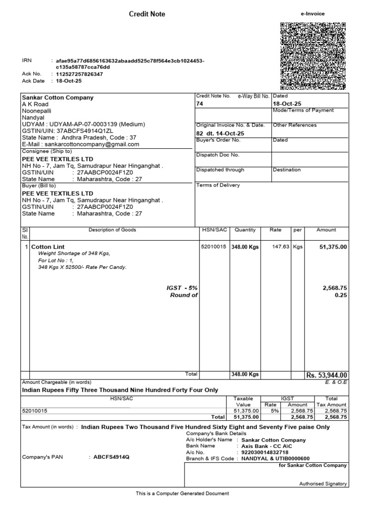Credit Note for Cotton Lint Transaction | PDF | Taxation | Government ...