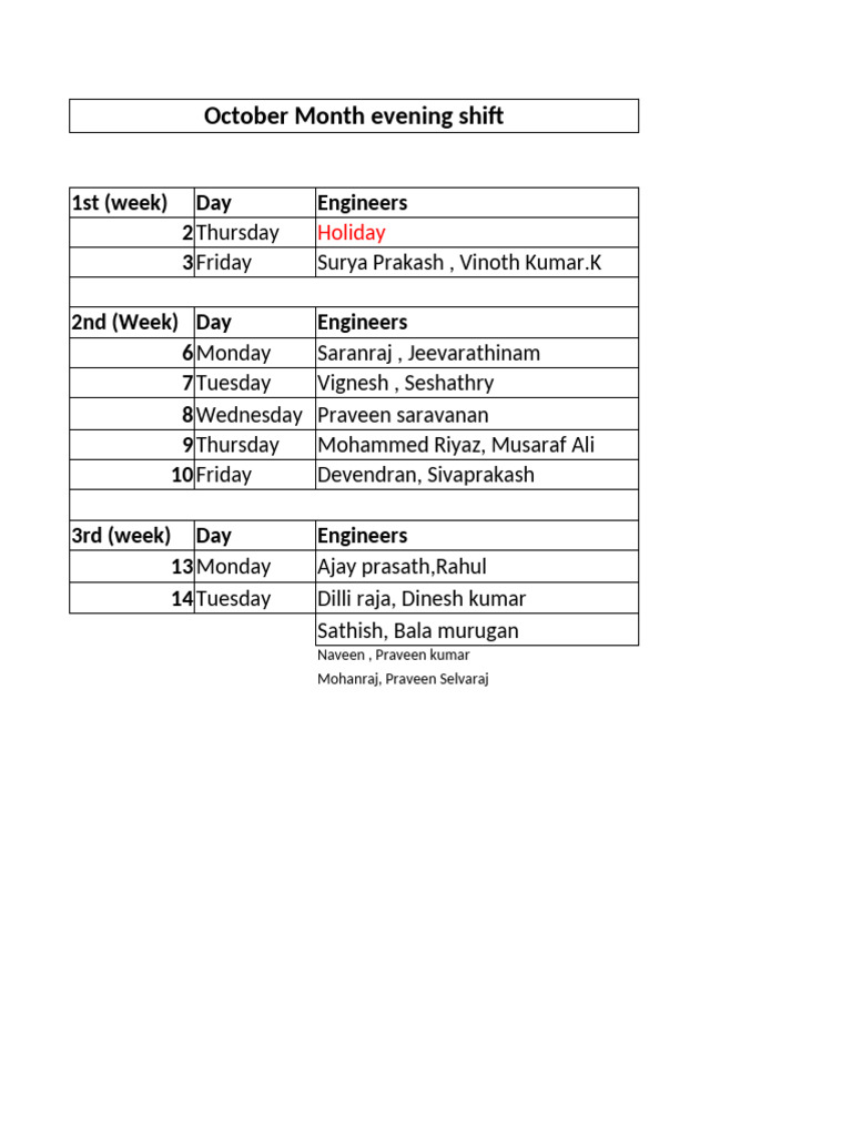 October Evening Shift Engineer Schedule | PDF