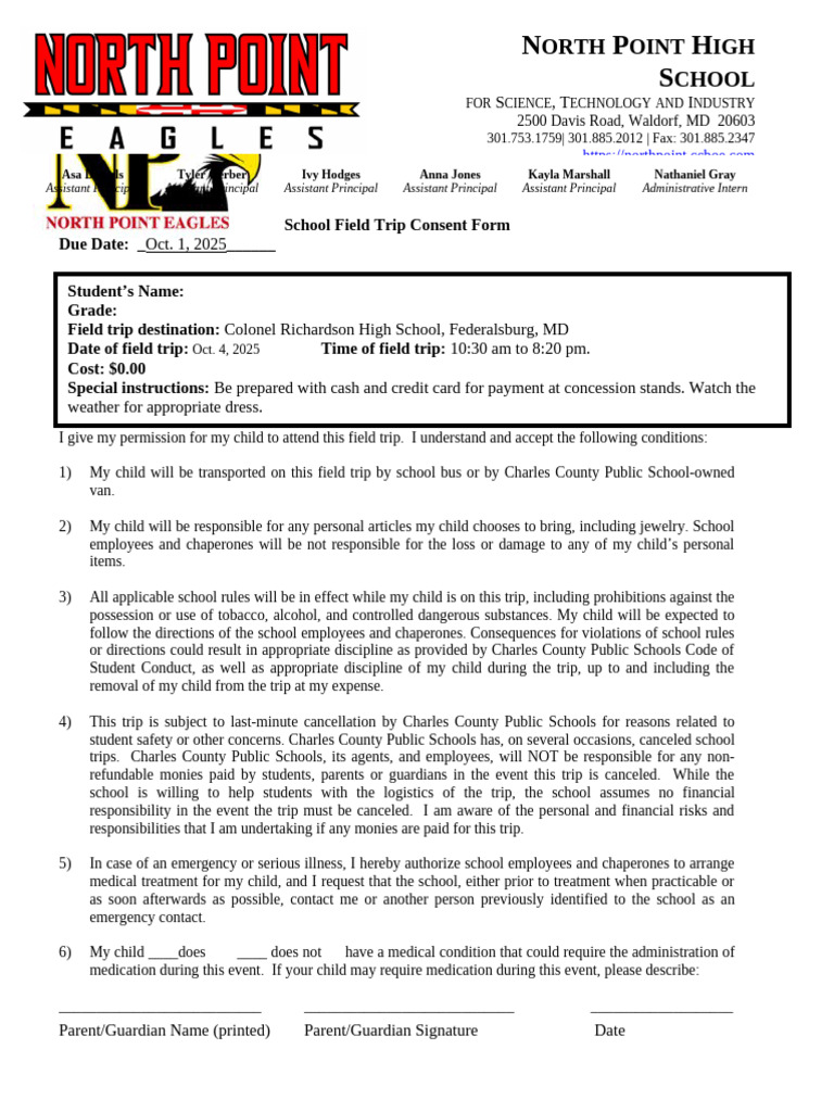 05 20251001 Col. Richardson HS School Field Trip Consent Form 1 | PDF
