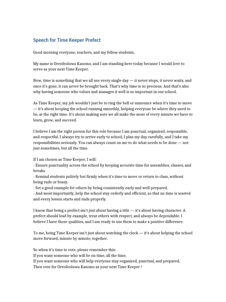 Time Keeper Prefect Speech by Oreofeoluwa | PDF