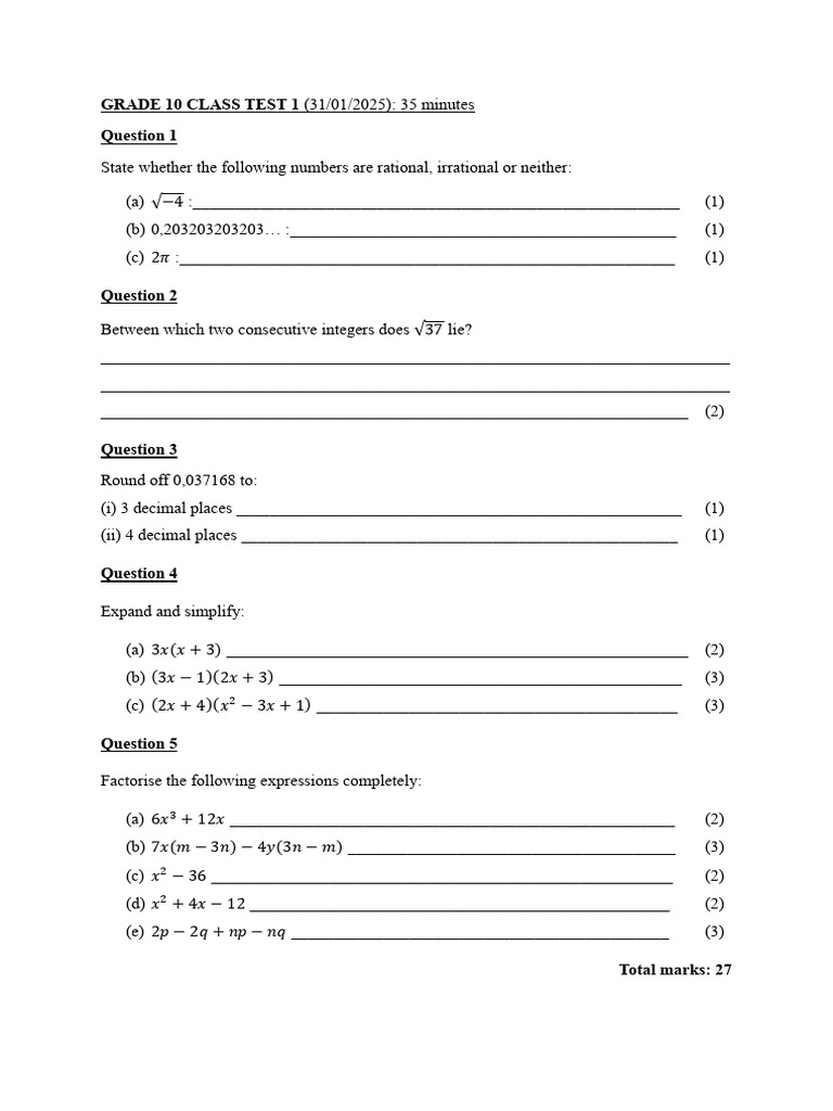 Grade 10 Class Test 1 2025 - 060842 | PDF