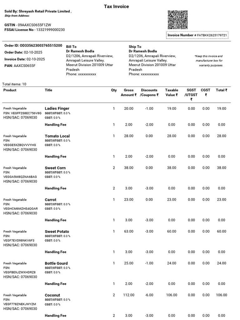 Invoice for Fresh Produce Purchase | PDF