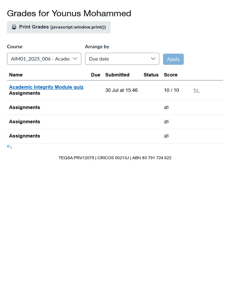 Grades For Academic Integrity Module | PDF