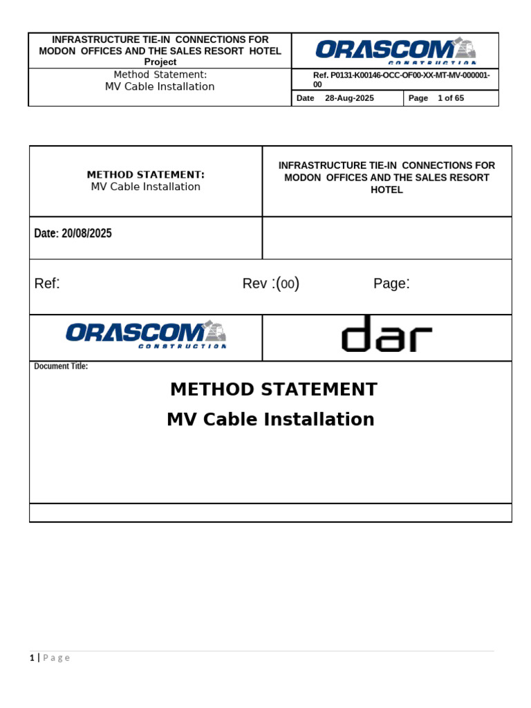 MV Cable Installation Method Statement | PDF | Traffic | Duct (Flow)
