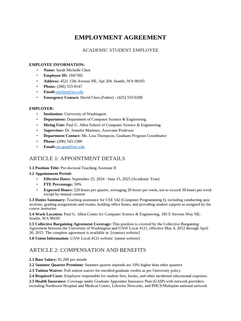 UW Pre-doctoral Teaching Assistant Agreement | PDF | Employment ...