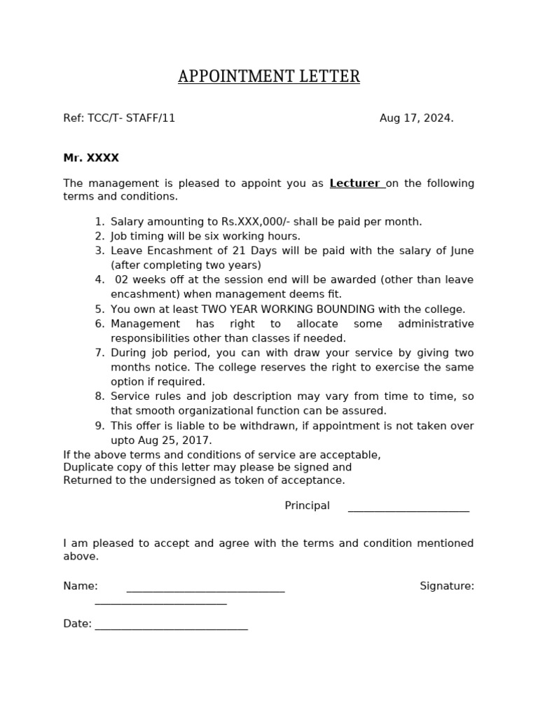 Lecturer Appointment Letter Template | PDF
