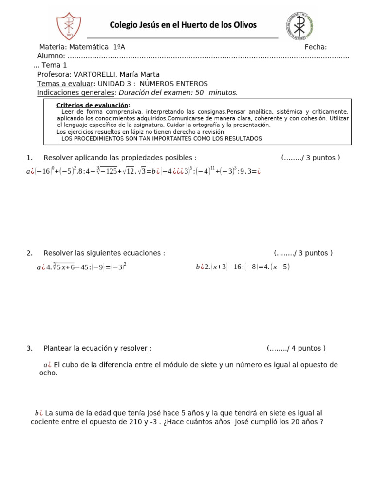 Examen de Matemática: Números Enteros 1ºA | PDF | Entero | Matemáticas