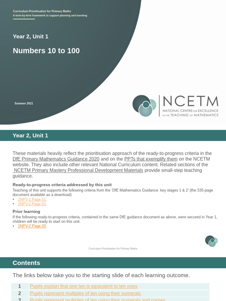 CP Year 2 Unit 1 Numbers 10 To 100 | PDF | Curriculum | Teachers