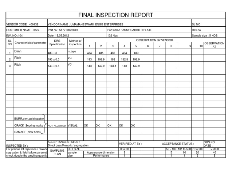 Final Inspection Report for ASSY Carrier Plate | PDF | Business